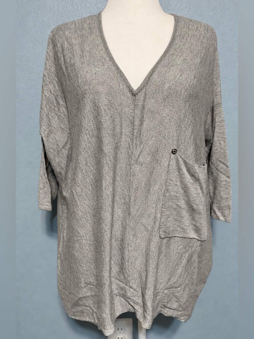 Kerisma Gray Oversized V Neck Tunic Top Wool Blend Pocket Lagenlook Boho M/Large